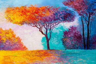 Yağlı boya peyzaj - renkli sonbahar ormanı. El Boyalı Empresyonist.