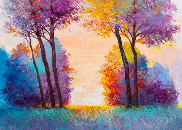 Пейзаж Живописи Маслом Красочный Осенний Лес Ручной Импрессионист — стоковое фото