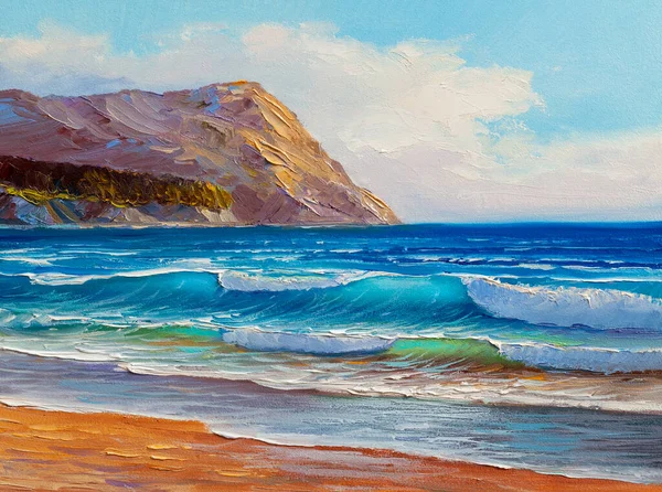 青い海の波 イラスト キャンバス上の油絵具 — ストック写真