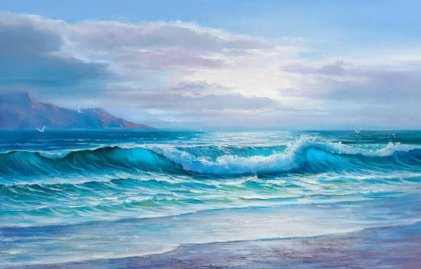 早上在海上 波浪上 插图上 油画画在帆布上 — 图库照片