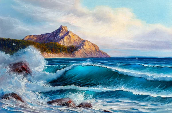 Onda Mare Blu Illustrazione Pittura Olio Tela — Foto Stock