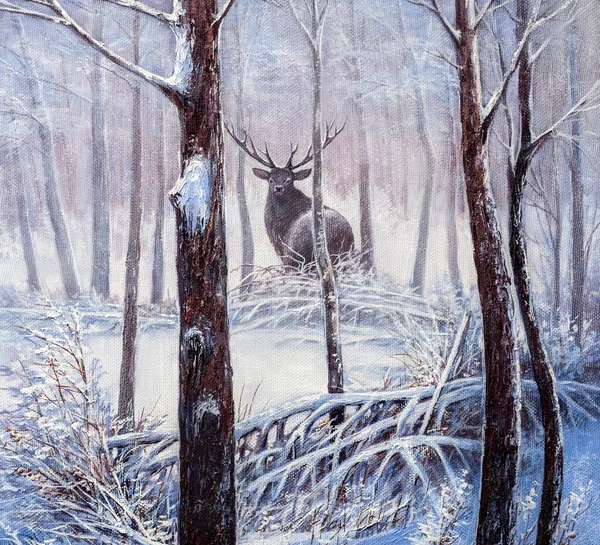 Cervo Nella Foresta Con Neve Nella Stagione Invernale Pittura Olio Foto Stock Royalty Free