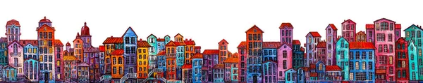 Panorama Uliczna Starym Mieście Kolorowymi Budynkami Sztuka Współczesna Ilustracja Uroczych — Zdjęcie stockowe