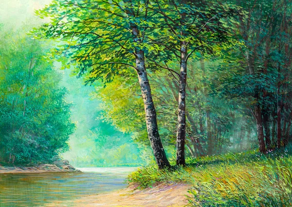 Pintura Óleo Paisaje Colorido Bosque Verano Hermoso Río Con Una —  Fotos de Stock