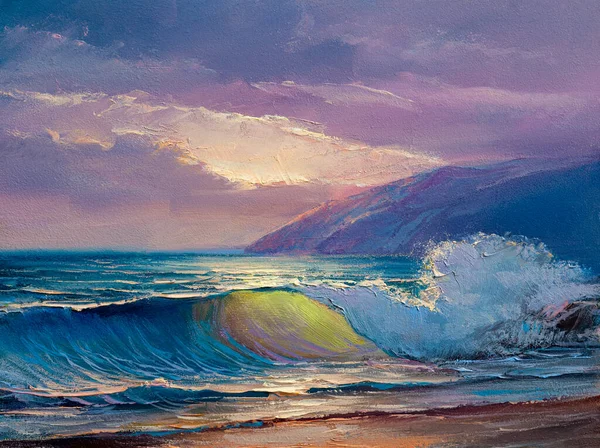キャンバス上の海とビーチの元の油絵 海の上に豊かな黄金の夕日 現代的な印象派 ロイヤリティフリーのストック画像