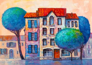 Soyut resim şehri. Yaratıcı arka plan, doku, duvar kağıdı. Çağdaş sanat.