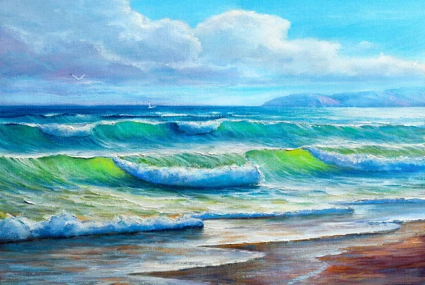Blue sea waves, illustration, Oil painting paints on a canvas.