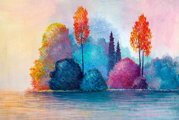 油絵カラフルな秋の木 森の抽象的なイメージ 赤の葉と川とアスペンの木 秋の自然を背景に 手描きの印象派 屋外の風景 ストックフォト