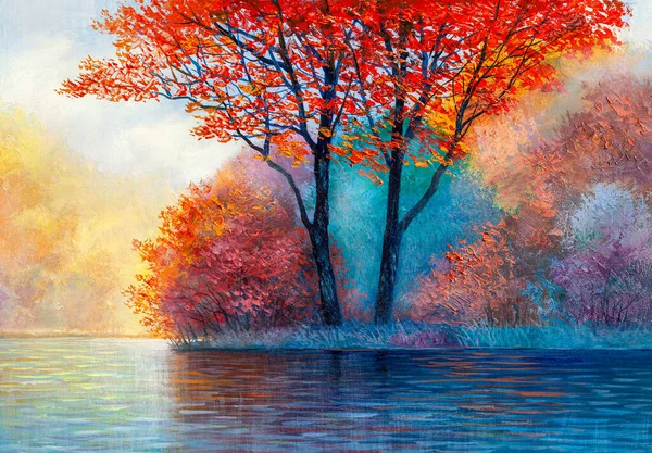 湖の上に赤いカエデ 油絵の風景 カラフルな秋の森 現代絵画 ロイヤリティフリーのストック写真