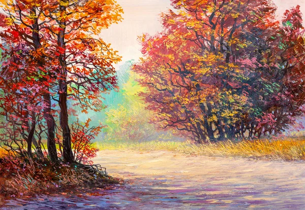 Ölgemälde Landschaft Bunte Herbstwald Mit Lieben Handgemalter Impressionist — Stockfoto