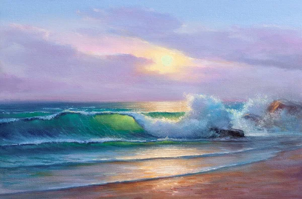 Original Oil Painting Sea Beach Canvas Rich Golden Sunset Sea — Stock Photo, Image