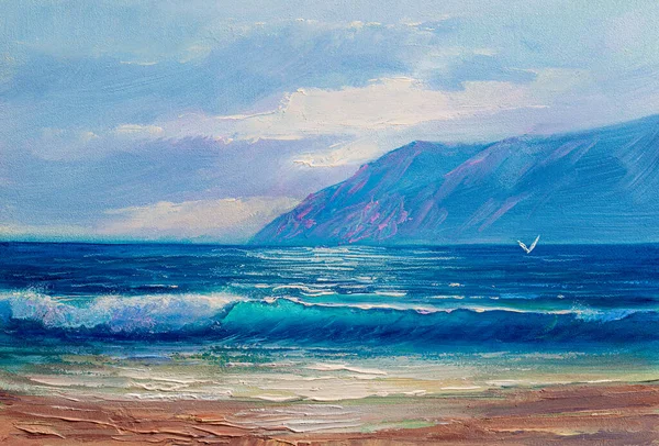 Modré Moře Vlny Ilustrace Olejomalba Barvy Plátně — Stock fotografie