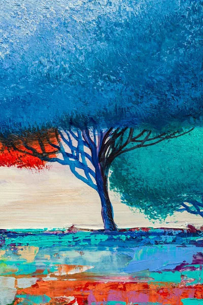 Pintura Óleo Paisaje Árbol Abstracto Colorido Impresionista Pintado Mano —  Fotos de Stock