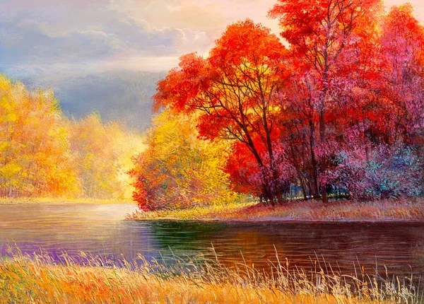 Yağlı Boya Peyzaj Renkli Sonbahar Ormanı Güzel Nehir — Stok fotoğraf