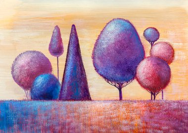 Yağlı boya manzara, renkli ağaçlar. Elle boyanmış empresyonist, açık hava manzarası. Modern sanat.