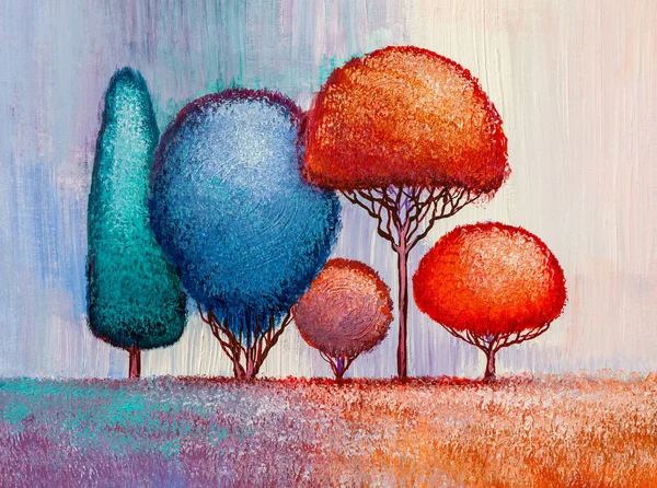 Olejomalba Krajiny Barevné Abstraktní Stromy Ručně Malovaný Impresionista Venkovní Krajina — Stock fotografie