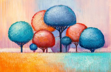 Yağlı boya manzara, renkli soyut ağaçlar. El Boyalı Empresyonist.