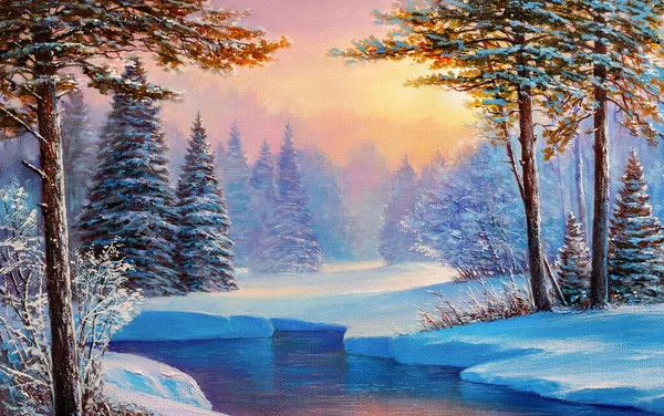 Paisaje Invierno Con Río Pintura Óleo Original —  Fotos de Stock