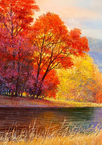 Rode Esdoorn Het Meer Olieverfschilderij Landschap Kleurrijke Herfst Bos Moderne — Stockfoto