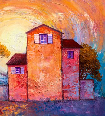 Şehir binalarının soyut resimleri. İzlenimci karışık soyut sanat rengi.