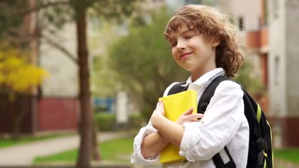 Närbild porträtt av en skolpojke med en bok i händerna. Pojken ser eftertänksamt in avståndet och ler drömmande. Lockigt hår, vit skjorta. Tillbaka till skolan — Stockvideo