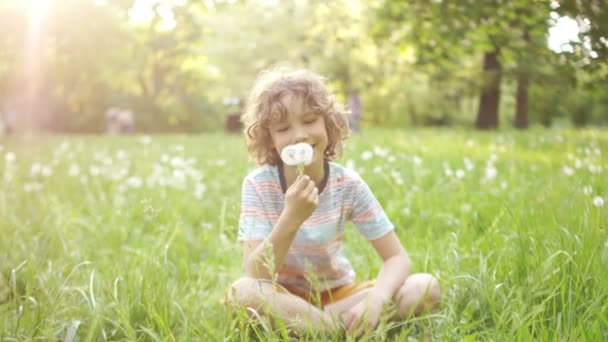 Cheerful schoolboys, the boy and the girl, play on a summer glade. They embrace, blow at dandelions and laugh happily. Dynamic video — Stock Video