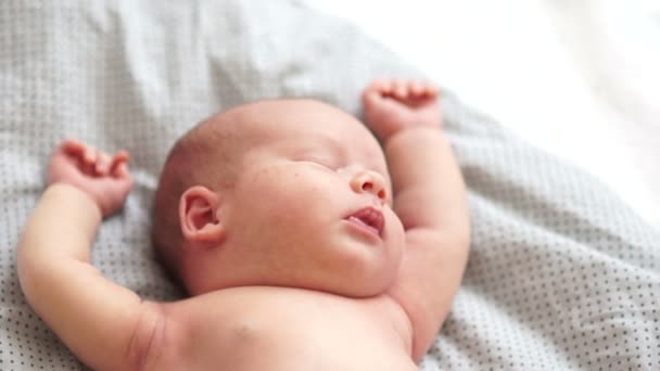 Gezicht van een pasgeboren baby slapen close-up. Portret van één maand baby slaapt op een deken die hand in hand omhoog. Een serene droom. Pasgeboren baby, bescherming van het kind — Stockvideo