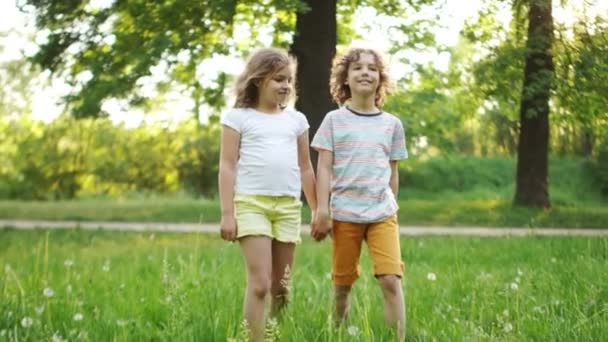 Una pareja amorosa, un niño y una niña, están caminando por el parque tomados de la mano. Primer amor. Vídeo dinámico — Vídeo de stock