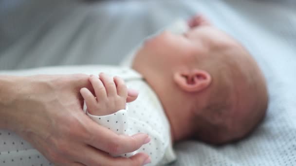 Mamá acaricia suavemente la mano de su bebé recién nacido. Piel en la piel. Feliz maternidad. — Vídeos de Stock