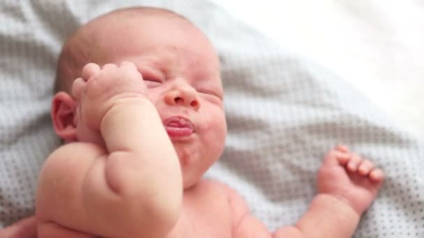 Gros plan portrait d'un nouveau-né en pleurs au lit. Un bébé de deux semaines se réveille des coliques. Un rêve de nouveau-né. Journée de l'enfance. Protection des enfants — Video