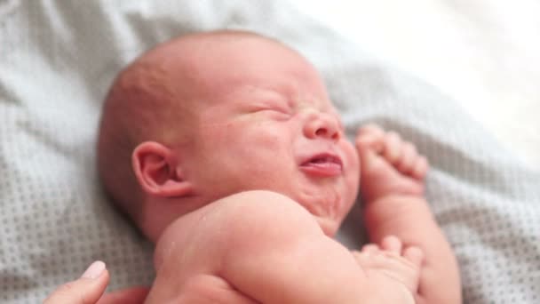 Ένα δύο-εβδομάδα-παλαιό μωρό κλαίει ξαπλωμένος στο κρεβάτι. Μαμά παίρνει ένα κλάμα παιδί στην αγκαλιά του. Νεογέννητο μωρό. Ημέρα παιδιών — Αρχείο Βίντεο