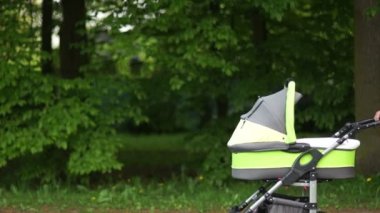 Baba parkta yürüyüş çocuk arabası ile yürür. Genç Baba ile yeni doğan Bebek arabasındaki bebek Park'ta yürüyordunuz açık portresi