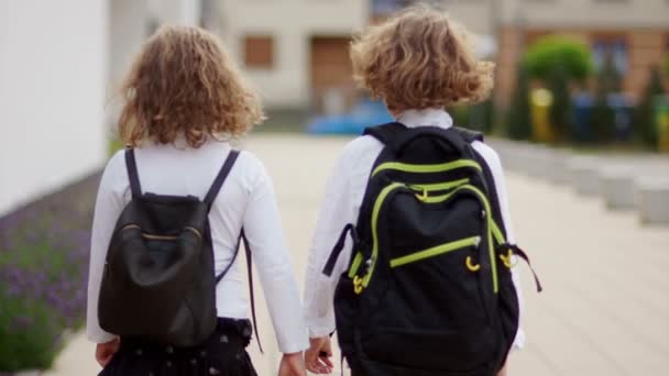 Duas lindas crianças de cabelos encaracolados, um menino e uma menina, vão à escola. Viram-se e acenam as mãos quando se separam. Tchau. Os colegas de classe estão vestidos com camisas brancas, atrás deles estão os patifes da escola. Voltar para — Vídeo de Stock