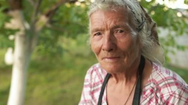 Onun bahçesinde çok eski 80 yaşında bir kadın portresi. Yakından bakın, derin kırışıklıkları, başörtüsü, gri saç rüzgar