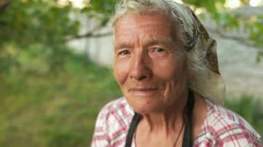 Çok eski bir 80 yaşındaki kadın bahçede çalışan dinamik portresi. Yakın çekim - kırışmış eller kuru ot bir tuval Ekle