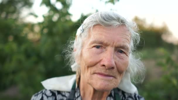 Ausdrucksstarkes Porträt einer sehr alten Frau. Eine grauhaarige Rentnerin mit Schal blickt gespannt auf den Rahmen. Oma steht mitten in ihrem Garten.