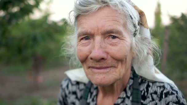 Um lindo retrato de uma mulher muito velha. Um pensionista de cabelos grisalhos em um lenço olha atentamente para a moldura, sorri e olha para o lado. Dia das Mães — Vídeo de Stock