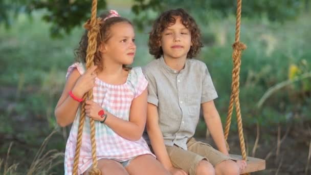 Um casal amoroso, menino e menina estão sentados em um balanço no parque. O menino beija a menina na bochecha e admite a ela no amor. A rapariga está envergonhada, tímida. Primeiro amor, amor adolescente — Vídeo de Stock