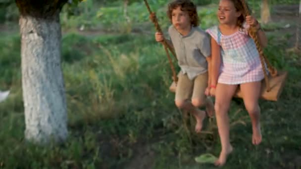 Un columpio en el árbol del pueblo. Dos niños patinan y ríen. Vacaciones de verano, vacaciones en el campo — Vídeos de Stock