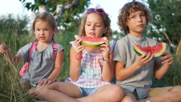 Crianças felizes comem uma melancia vermelha e se divertem abraçando uns aos outros. Família feliz, jogos das crianças — Vídeo de Stock