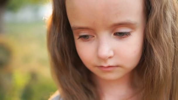 Uma modesta e triste menina olha seriamente para a câmera e tímida deixa cair seus grandes olhos grisalhos. Beleza natural, close-up — Vídeo de Stock