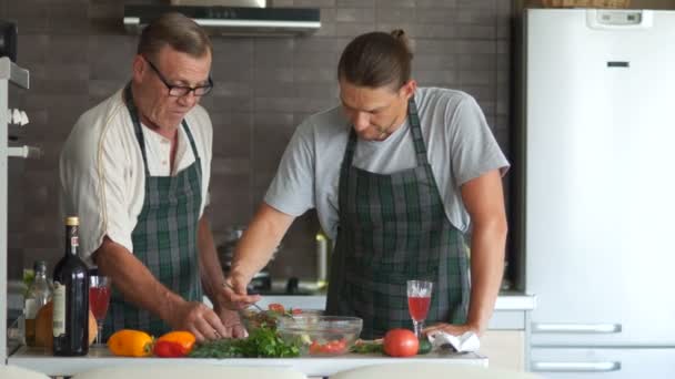 Il pensionato e suo figlio adulto trascorrono del tempo in cucina insieme. Il figlio prova l'insalata con un cucchiaio, il padre che insaporisce l'insalata con spezie. Giorno di padri cibo sano — Video Stock