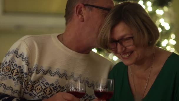 Preciosa pareja de ancianos, marido y mujer celebran la Navidad. Un hombre susurra al oído deseos favoritos, una mujer se ríe avergonzada. Sobre el fondo de las luces del árbol de Navidad — Vídeos de Stock