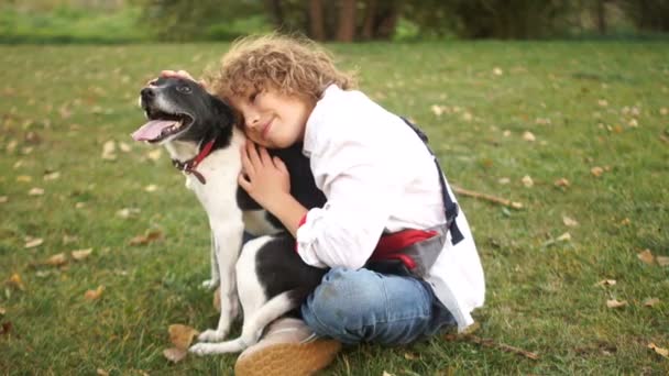 Portret van een krullend schooljongen met een hond te sluiten. Een jongen knuffels en lijnen zijn zelfgemaakte zwart-witte hond zittend op het gras in het park — Stockvideo
