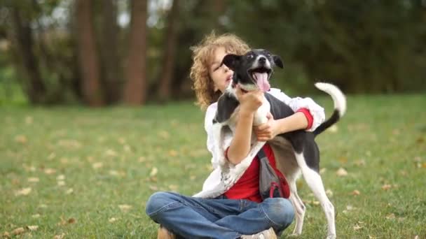 Egy fiú, egy fehér inget és farmert hugs a kutyáját. Séta a parkban egy kisállat, a gondozás és a karbantartási, a kutyák — Stock videók