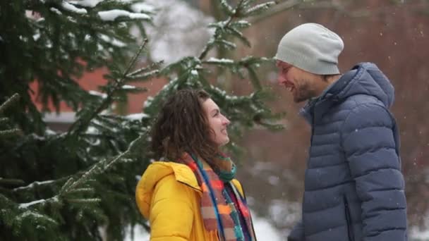 Romantische verliefde paar ontmoet in het park. Zachte kus en knuffel, winter datum onder de sneeuwval — Stockvideo