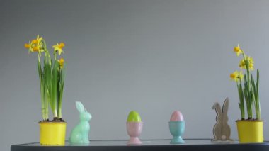 Paskalya kavramı. Nergis sarı tencere, Paskalya yumurtaları ve tavşan figürler. Yaratıcı dekorasyon, Mutlu Paskalya.