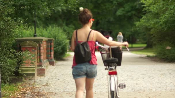 Rückansicht eines schönen Mädchens in kurzen Hosen, das ihren geliebten Hund in einem Fahrradkorb trägt. Lustiger Fall — Stockvideo