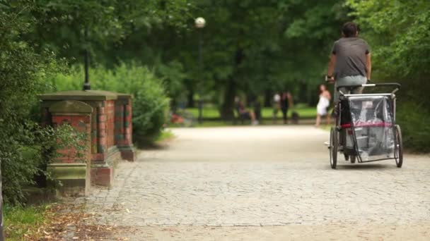 Un hombre irreconocible monta en bicicleta en un sendero del parque. Una rueda de los niños se une a la parte posterior. Modo de transporte infantil — Vídeos de Stock