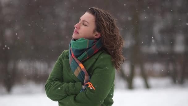 Kar yağışı, korkusuz zevk güzel ve genç birbayan. Yeşil ceket ve eşarp, kışın parkta bir yürüyüş — Stok video